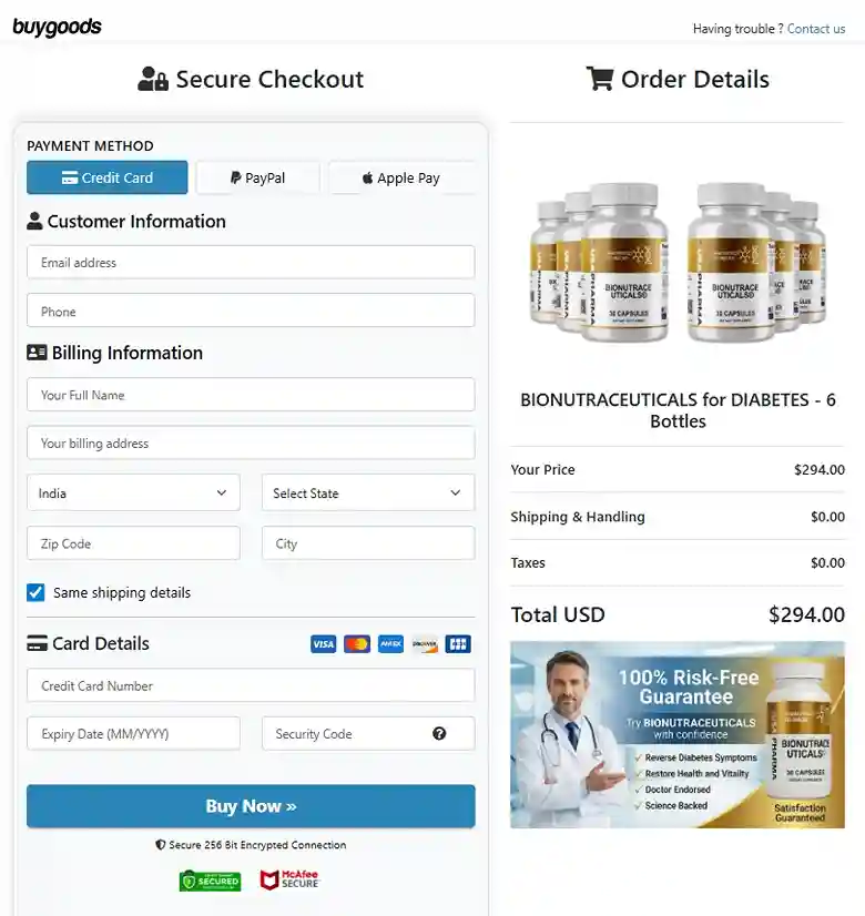 Secure Bionutraceuticals checkout page